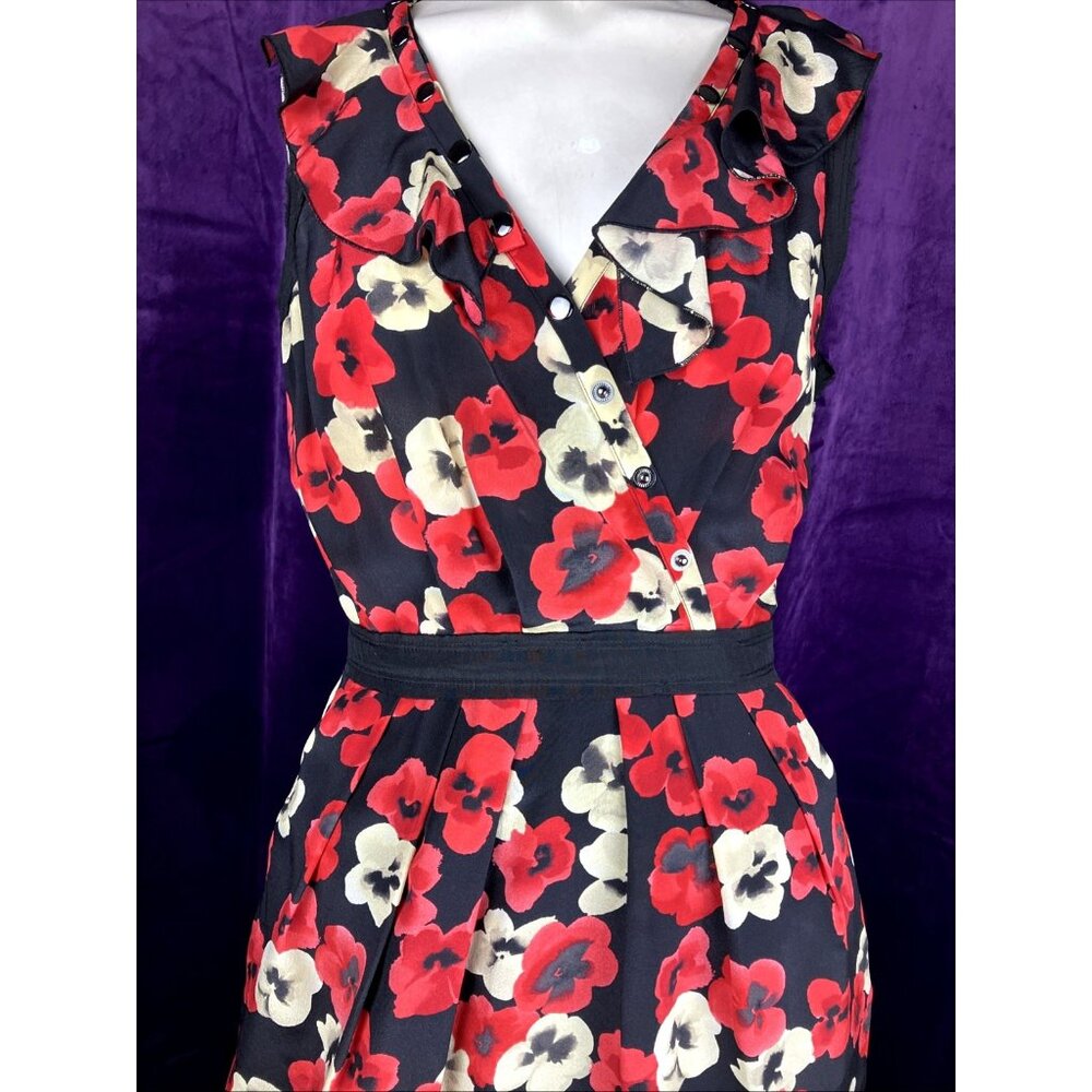 US 4 6 Moschino Cheap And Chic Silk Pansy Print Ruffle Dress  Red Black